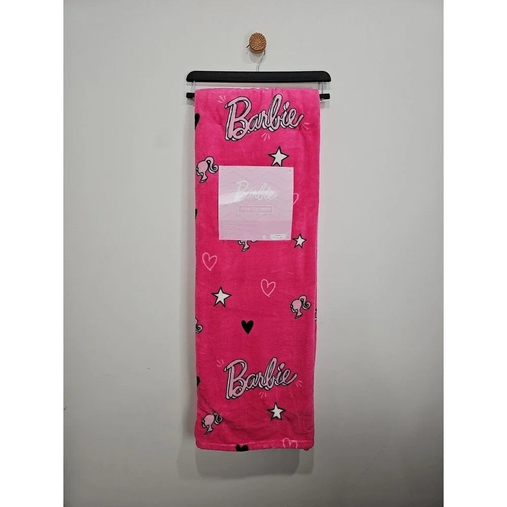 Barbie Oversized Pink Throw Blanket 60x70 Logo Hearts Stars Cozy Plush